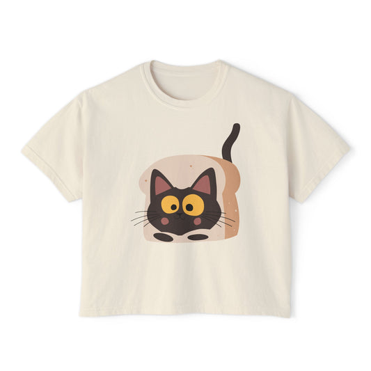 Cat-in-Toast Women's Boxy Tee — Cute Cartoon Black Cat Graphic