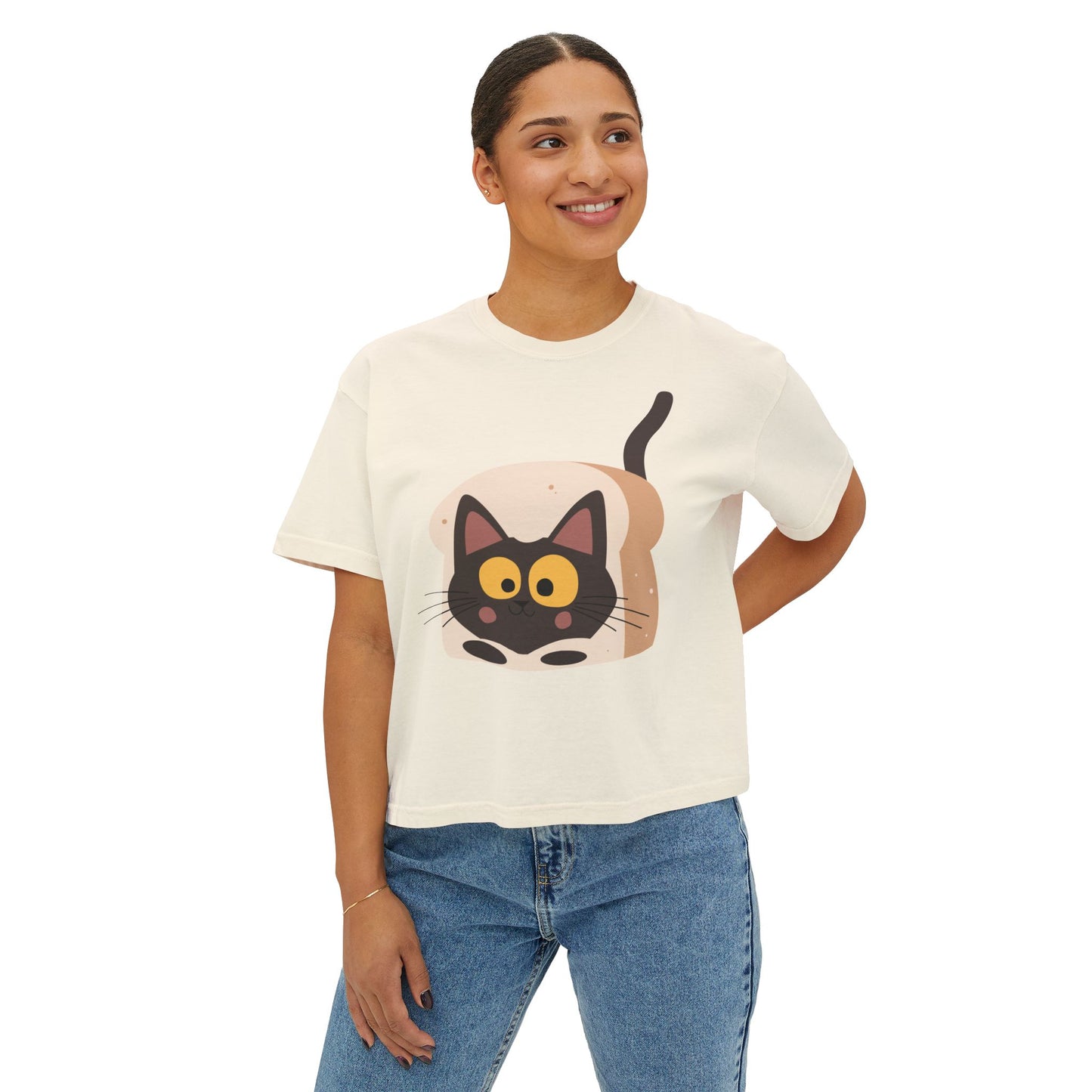 Cat-in-Toast Women's Boxy Tee — Cute Cartoon Black Cat Graphic