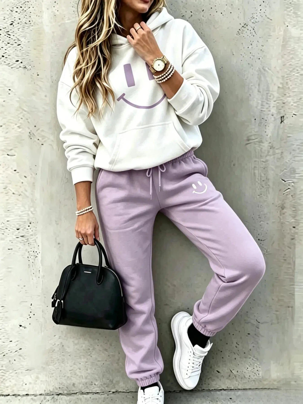 Smile Print Tracksuit Set – Cozy Loungewear & Streetwear for Women