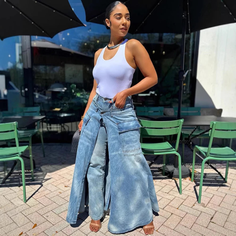High-Waist Slit Wide-Leg Denim Culottes