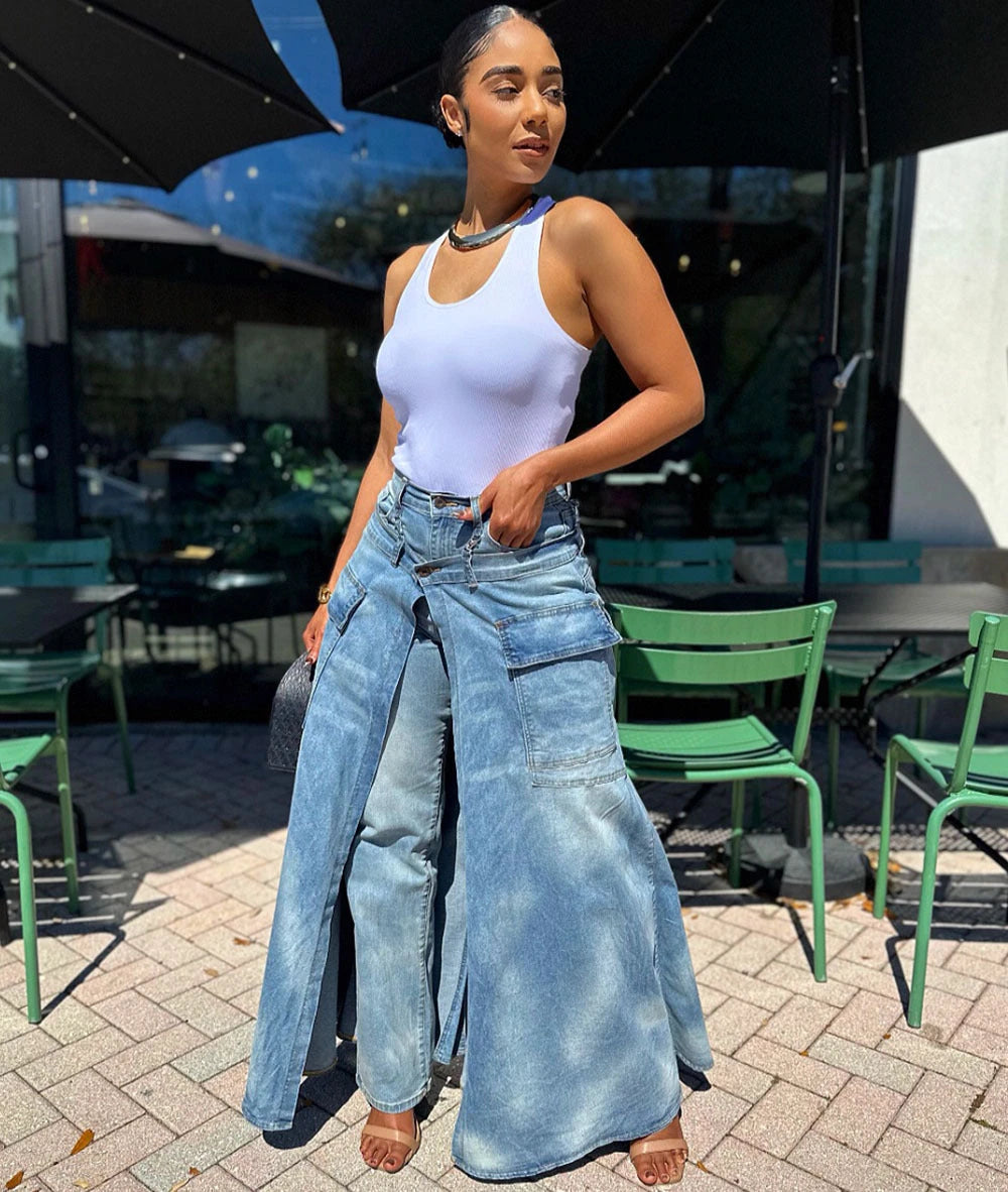 High-Waist Slit Wide-Leg Denim Culottes