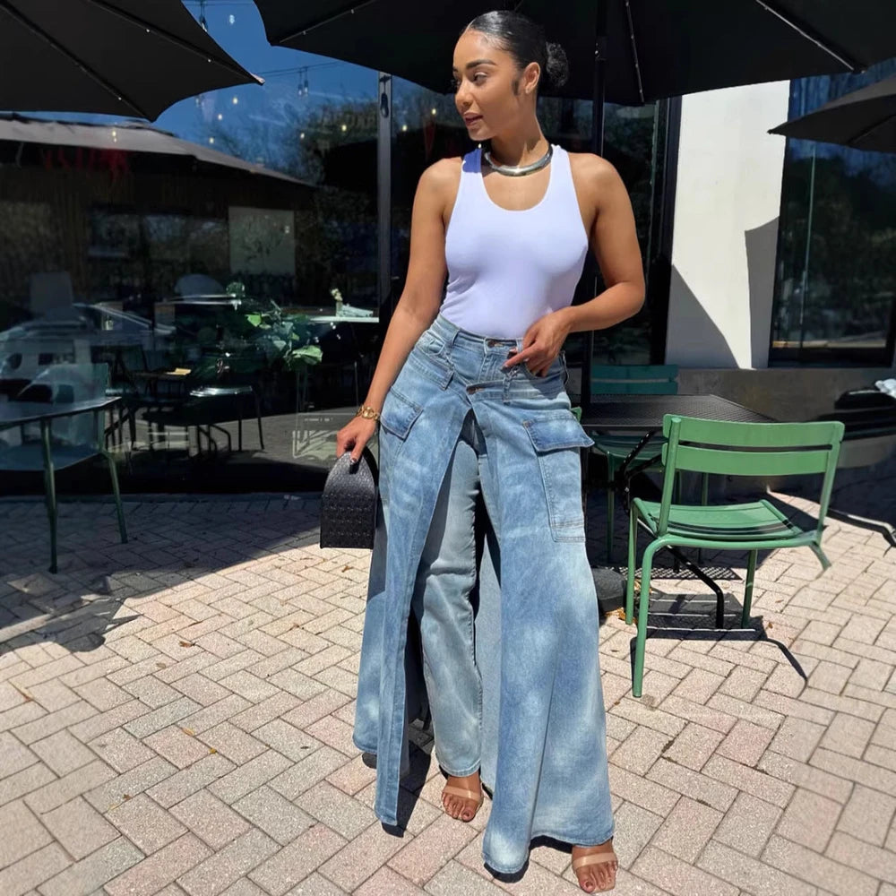 High-Waist Slit Wide-Leg Denim Culottes