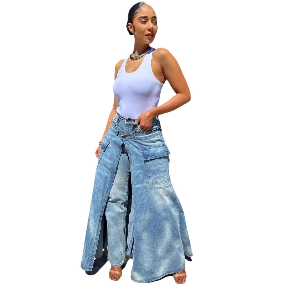 High-Waist Slit Wide-Leg Denim Culottes