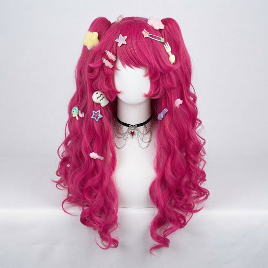Anime Pinkie Pie Cosplay Wig – Pink Wavy Curly Wig with Tail for Costumes & Parties