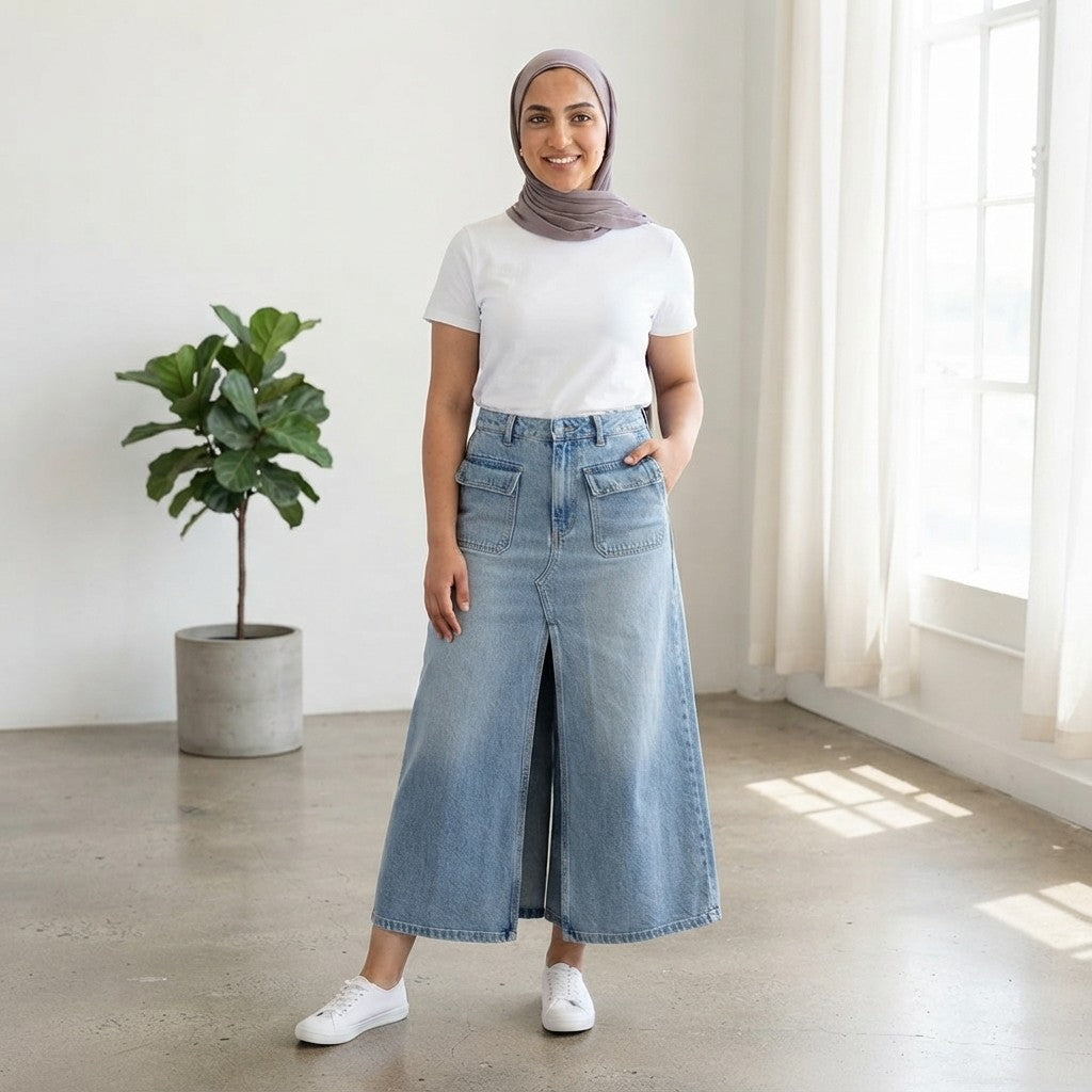 High-Waist Slit Wide-Leg Denim Culottes