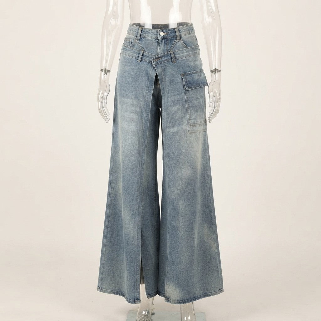High-Waist Slit Wide-Leg Denim Culottes