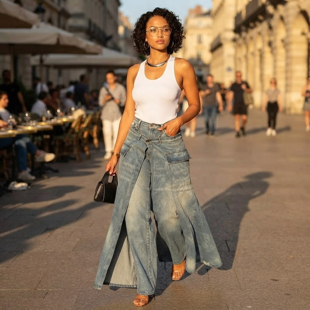 High-Waist Slit Wide-Leg Denim Culottes