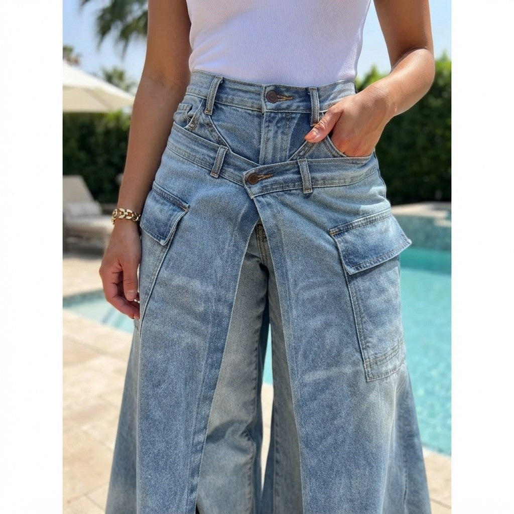 High-Waist Slit Wide-Leg Denim Culottes
