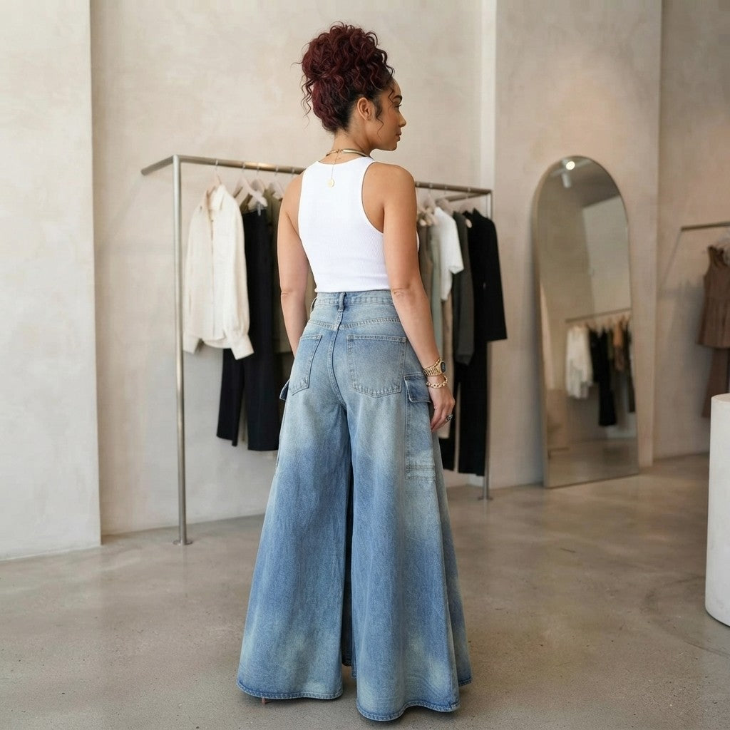 High-Waist Slit Wide-Leg Denim Culottes